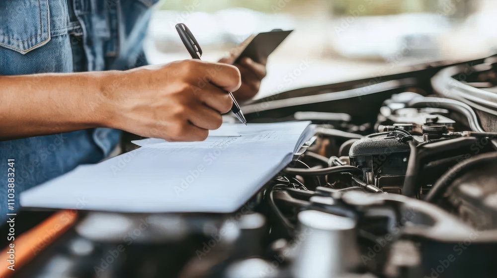 Poster mechanic writing repair notes while working on a car engine, focused on maintenance tasks, using a n