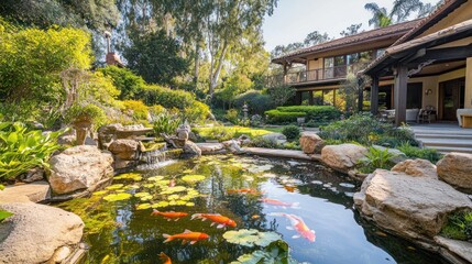 Obraz premium Koi Pond and Waterfall Feature in Lush Backyard Garden