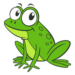 A slightly exaggerated green frog cartoon with a cheerful expression, bright color accents, and circular spots adorning its back, isolated on a transparent background