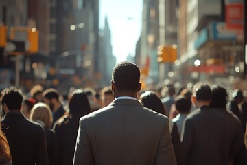 Gray Suit, City Street Crowd Sunlight on Metropolis