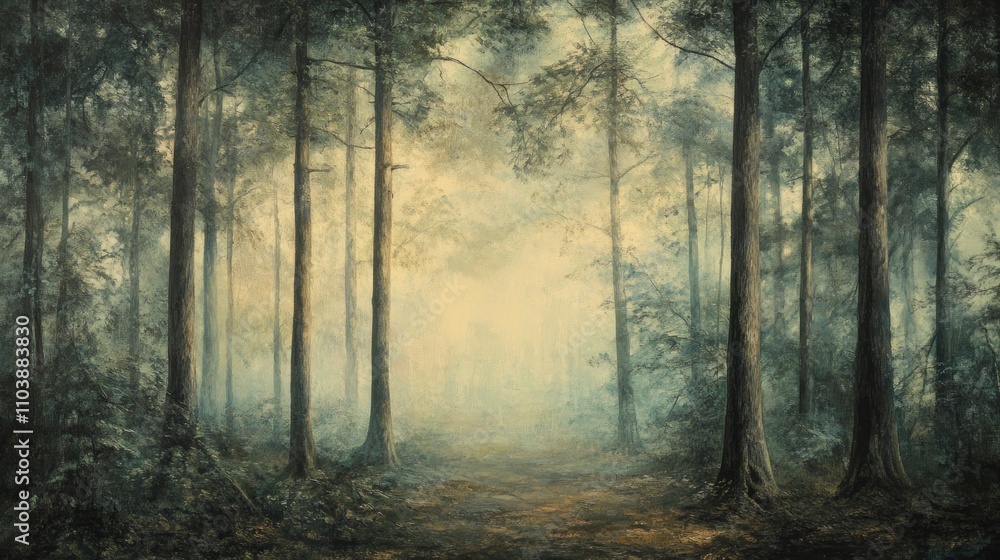 Aufkleber misty forest path with soft light and dense trees.