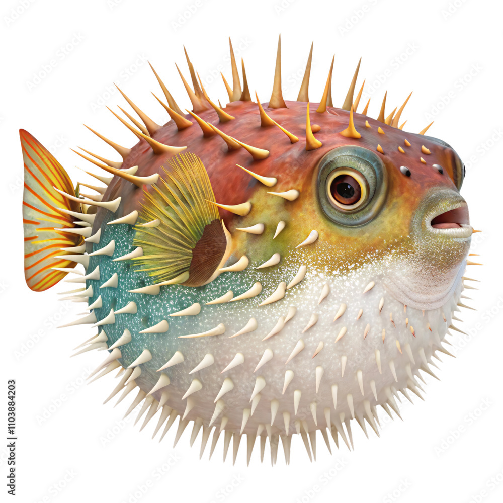 Poster a vibrant pufferfish with colorful scales and sharp spines, showcasing its unique defense mechanism 