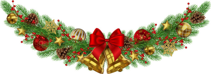 christmas decoration with pine branches and decorations. christmas garland with fir branches, gold bells with red bow, christmas balls and pine cones