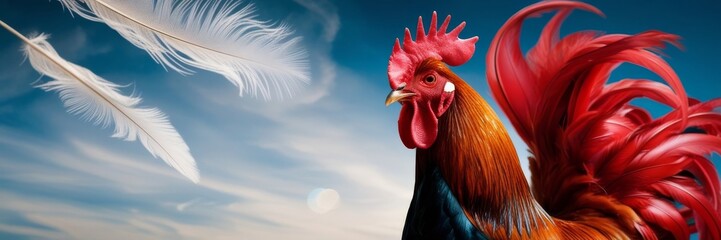 rooster against a vibrant sky-blue background. Eco farm production. Confident super chicken. Copy space website banner