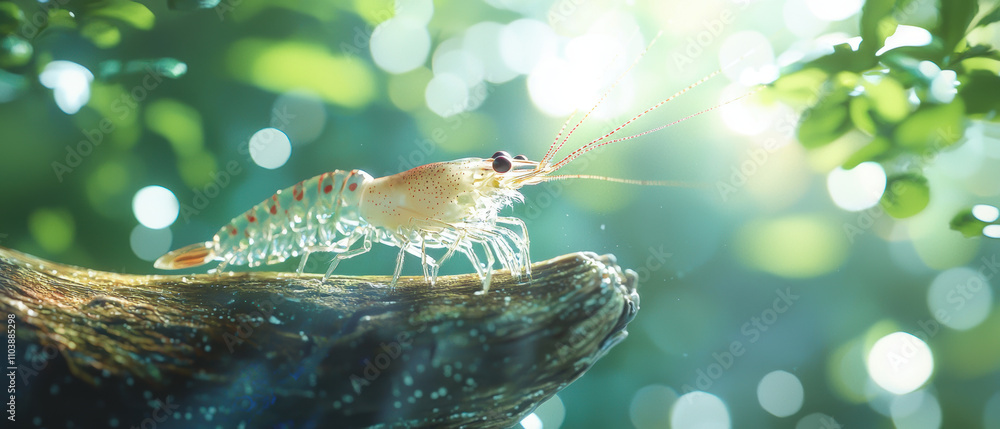 Poster high resolution close up of shrimp crawling on log, surrounded by lush greenery and soft bokeh light