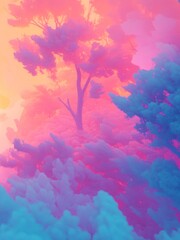 A vibrant, surreal landscape with colorful trees and soft, fluffy foliage.
