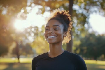 Joyful woman smiling outdoors park portrait natural light happiness