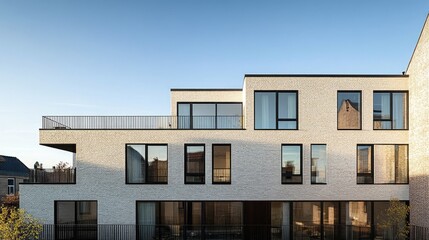 Balconies of a contemporary apartment building glow softly at twilight, showcasing a mix of dark windows and warm lights that create an inviting atmosphere in the city.