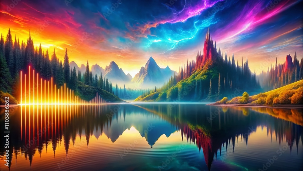 Poster surreal soundscapes: a visual symphony of graphic equalizers merging with dreamlike landscapes and a