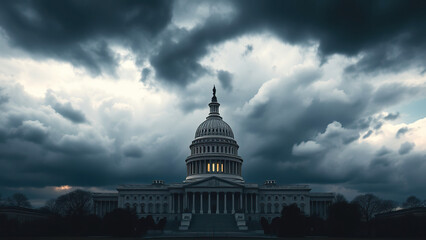 Fototapeta premium Clouds Gather Above Capitol Building Washington D C, heavy rain, ominous clouds gather above US Capitol building in Washington D.C., stormy weather, darkening the city's skyline