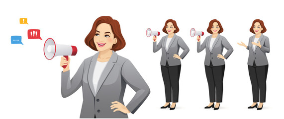 Elegant beautiful mature full-figured business woman in suit standing and speaking with megaphone vector illustration isolated