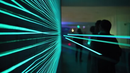 Teal light streaks on a brick wall, blurred figures in background.