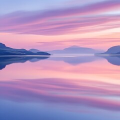 Fototapeta premium Pink and Purple Sunset over Calm Water with Mountain Reflections