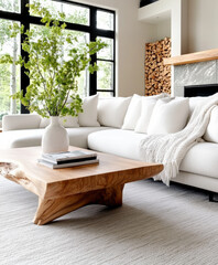 Modern Living Room with White Sofa and Wooden Coffee Table