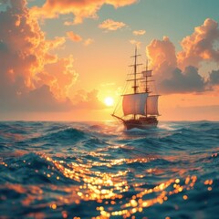 Fototapeta premium Crimson hues painted the ocean's canvas from a ship.