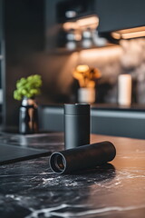 Stylish Mockup of a Sleek Black Drink Tumbler on a Modern Dark Kitchen Countertop