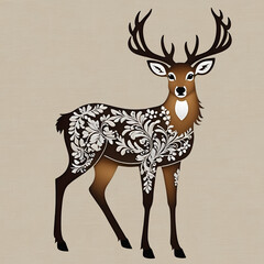 Magical forest deer with white patterns on its side, against a background of cream fabric