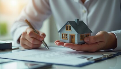 A person in a crisp white shirt holds a miniature house in one hand while poised to sign a document with a pen in the other, symbolizing the exciting journey of homeownership. The soft, warm light
