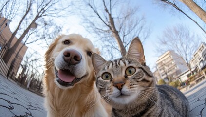 A golden retriever and a tabby cat posing together outdoors.
