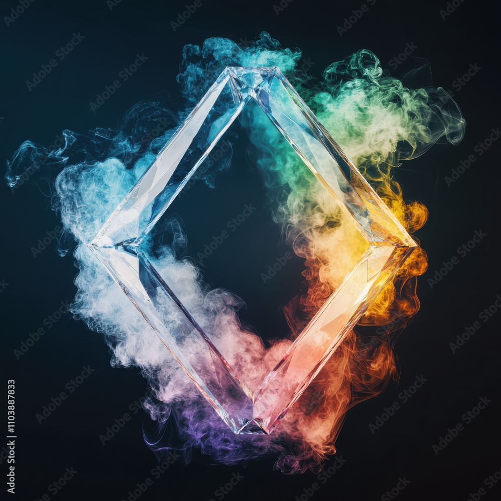 Poster creating a dreamlike atmosphere crystalline diamond frame with rainbow smoke void artistic display a