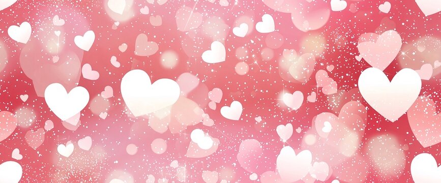 Sfondo rosa con cuori di diverse dimensioni che fluttuano. Effetti luminosi e scintillanti. Sfondo per cartoline digitali, banner e post sui social media