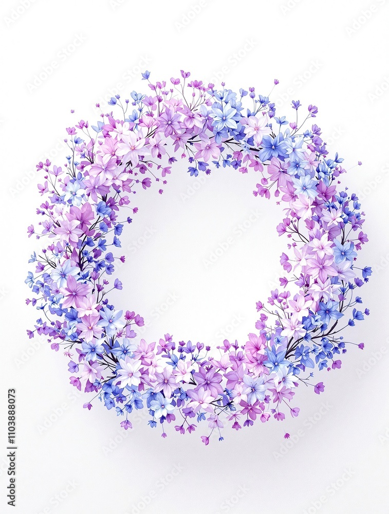 Poster delicate purple and blue flowers swaying in a circular pattern on a white background with intricate 