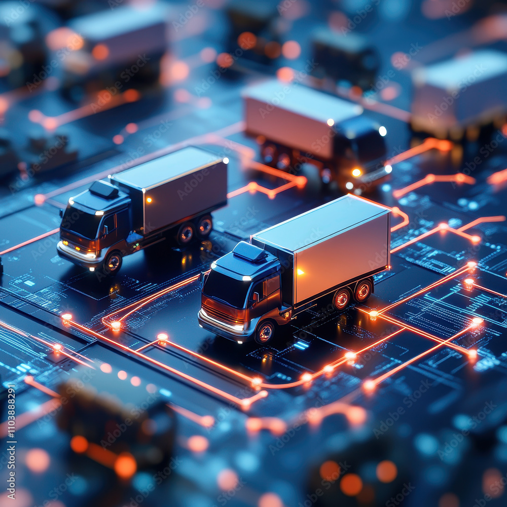 Poster digital presentation of logistics transportation concepts. a futuristic scene showing miniature truc