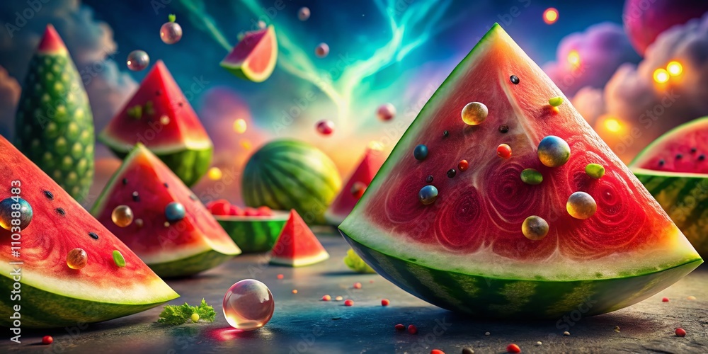 Poster surreal watermelon slice pattern with dreamlike elements and vivid colors for unique textile and wal