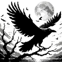 Obraz premium 흰 배경, 까마귀, 픽셀아트, jpeg (white background, crow, pixel art, jpeg)