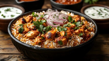 Spicy Chicken Biryani with Fresh Garnishes