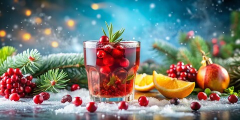 Surreal Winter Drink with Cranberries, Citrus, and Pomegranate - A Colorful Composition in Selective Focus with Inviting Copy Space for Seasonal Beverage Inspiration