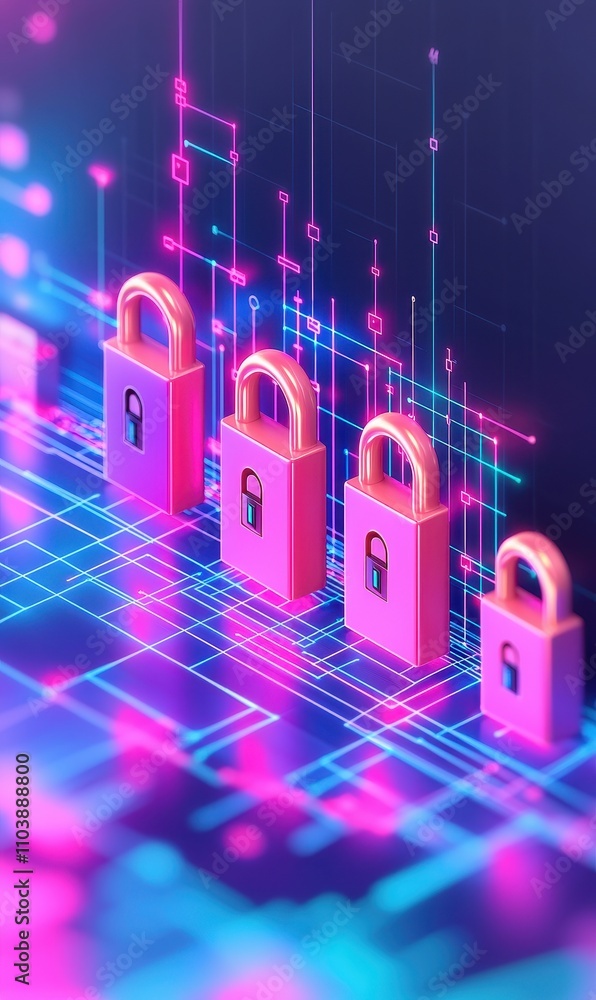 Poster protection against hacking and cyber attacks concept. a vibrant digital illustration featuring four 