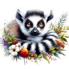Fototapeta premium 흰 배경, 알락꼬리 여우원숭이, 수채화, jpeg (white background, Ring tailed lemur, water colour, jpeg)