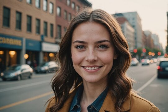 Close portrait of a smiling young American woman looking at the camera, American city outdoors  blurred background