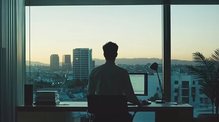 A silhouetted figure sits at a desk, facing a city skyline at sunset, with a computer and books nearby, creating a serene office atmosphere.