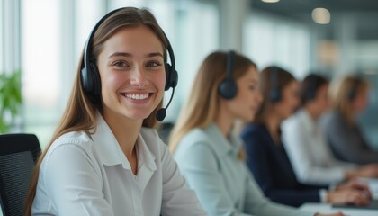 A cheerful woman with long, flowing hair and a bright smile sits at a modern call center, wearing a headset and ready to assist. Behind her, colleagues are engaged in their work, creating a vibrant