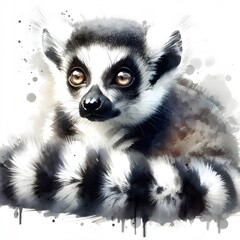 흰 배경, 알락꼬리 여우원숭이, 수채화, jpeg (white background, Ring tailed lemur, water colour, jpeg)