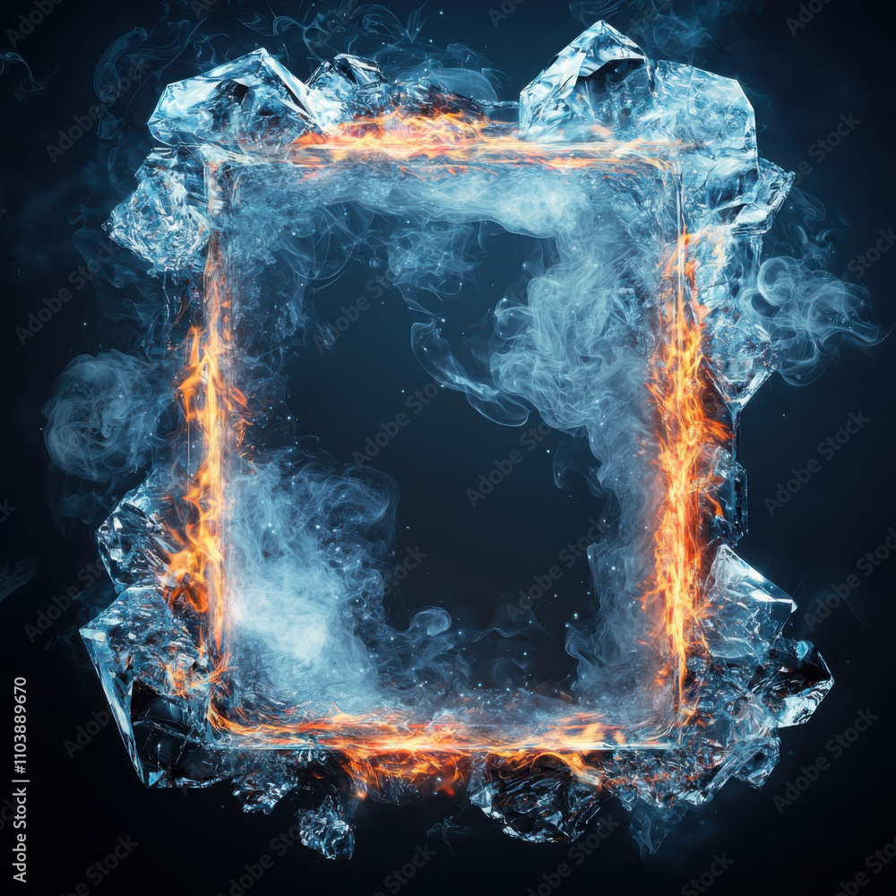 Poster swirling mist and dark ice crystal frame with fiery edges enigmatic environment abstract concept for