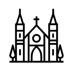 A minimalist vector icon of a church, featuring a traditional structure with a pointed roof, cross, and large arched windows. The design reflects simplicity and elegance, making it ideal for use in re