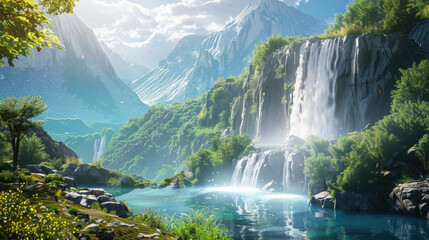 Serene landscape with a magical waterfall 3D render