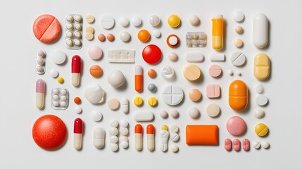 A colorful assortment of various pills, capsules, and tablets arranged neatly on a light background, showcasing different shapes and sizes.