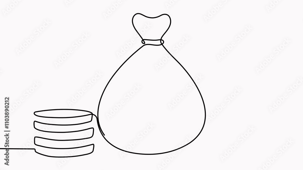 Poster money bag with coins stack continuous line drawing animation. business symbol concept animated video