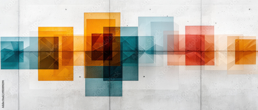Poster creating minimalist geometric compositions with teal and orange textured overlays in art spaces for 