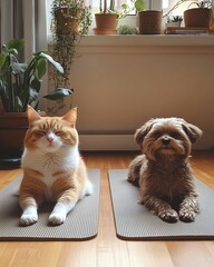 Furuy friend fitness Cat and dog relaxing on yoga mats indoors ,Cat and dog yoga pose, pet yoga relaxation, cat and dog yoga practice ,furry yoga buddies, animal wellness routine