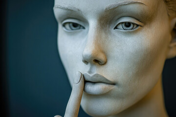 A ceramic statue of a human face with a finger to its lips, creating a mysterious and quiet atmosphere, symbolizing secrecy and silence.