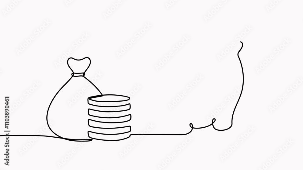 Poster piggy bank with stack coins continuous one line drawing animation. saving money concept video. anima