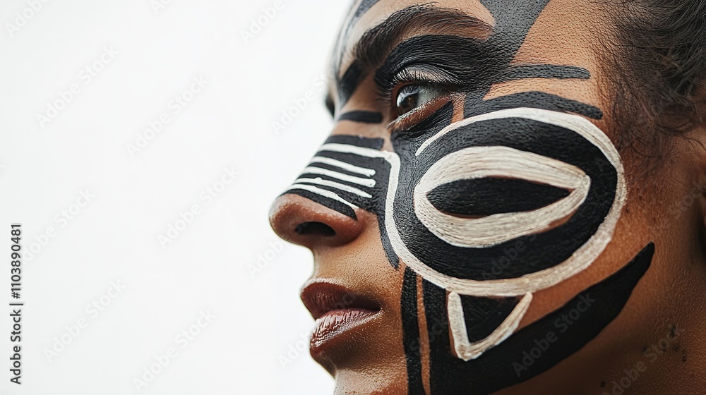 Poster a profile view of a person with intricate black and white face paint, showcasing bold geometric patt