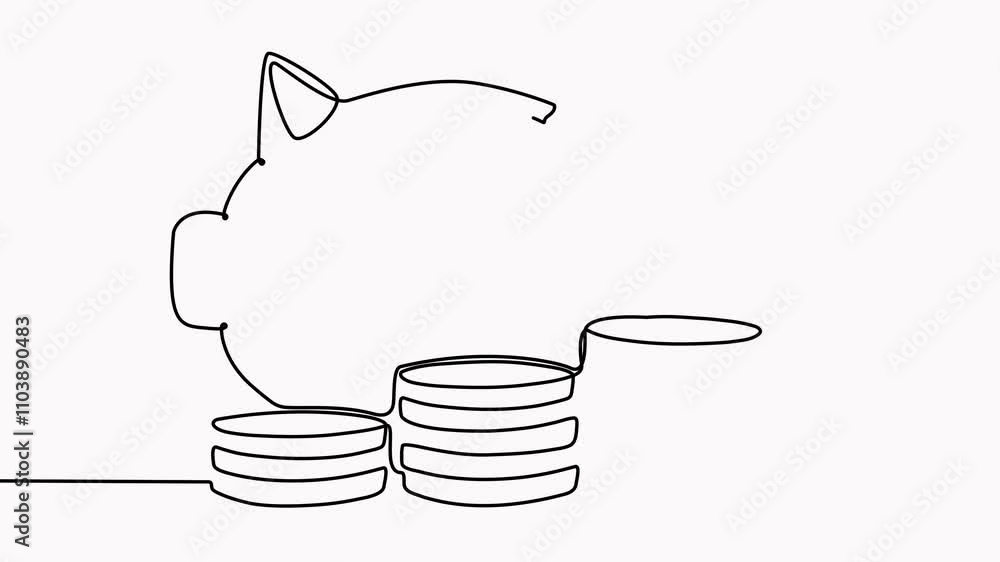 Poster piggy bank with stack coins continuous one line drawing animation. saving money concept. investment 