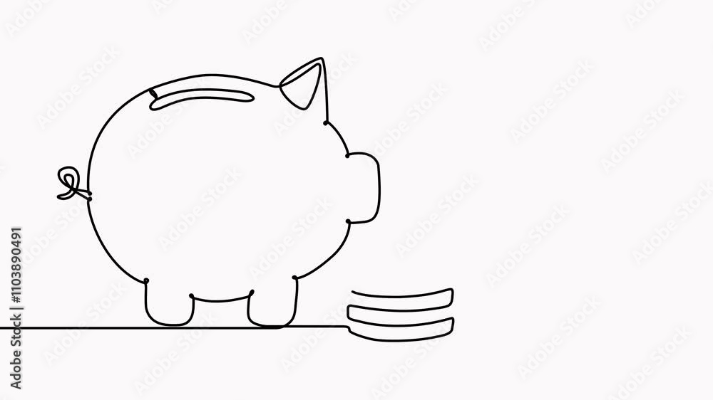 Poster piggy bank with stack coins continuous one line drawing animation. saving money concept video. anima
