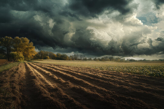 A dramatic landscape featuring a plowed field under ominous clouds.